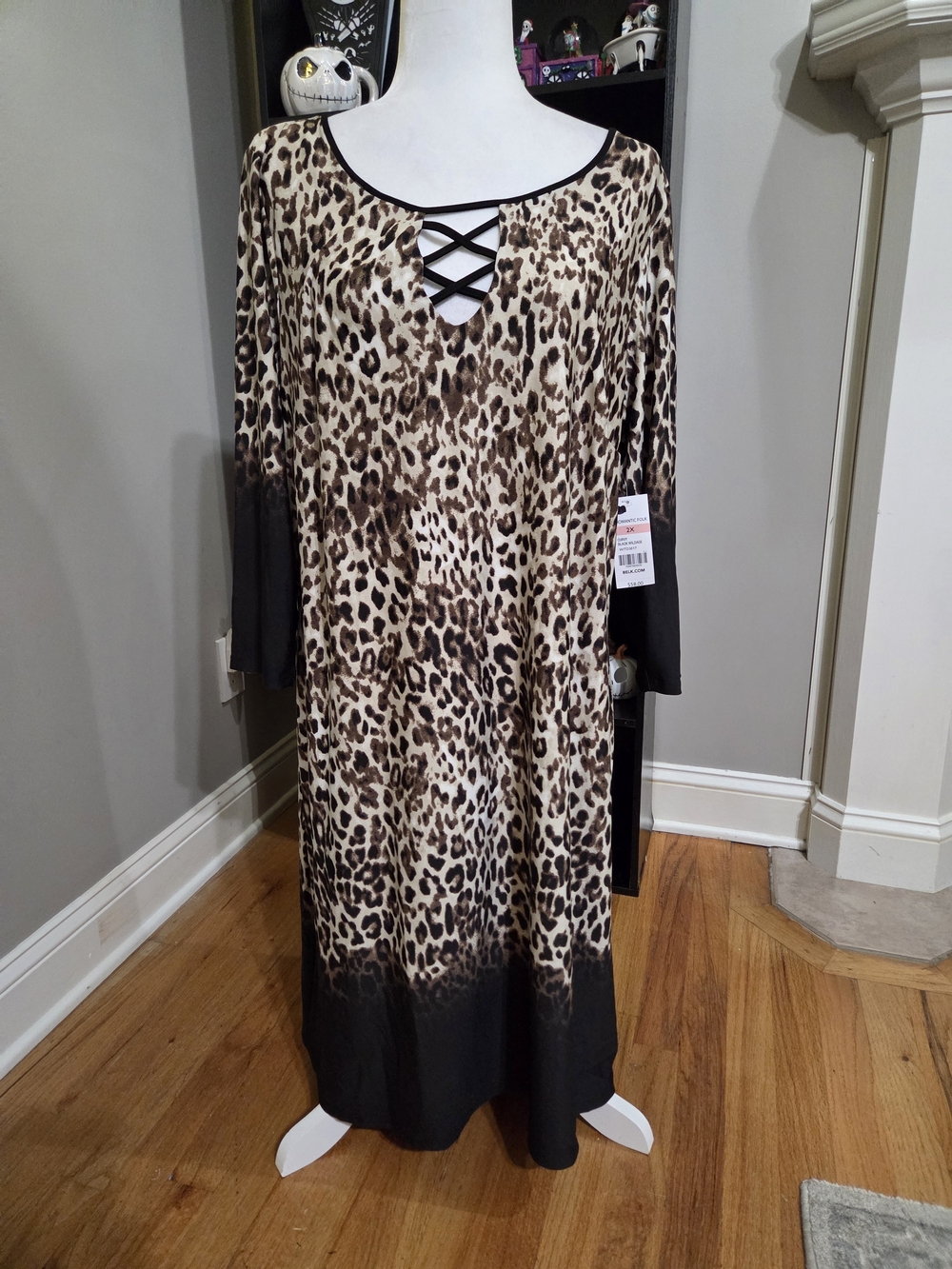 Kim Rogers Leopard Midi Dress with Black Trim and Crisscross Neck